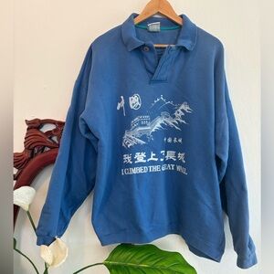 Vintage Newport Blue I Climbed the Great Wall Graphic Pullover Collar Sweatshirt